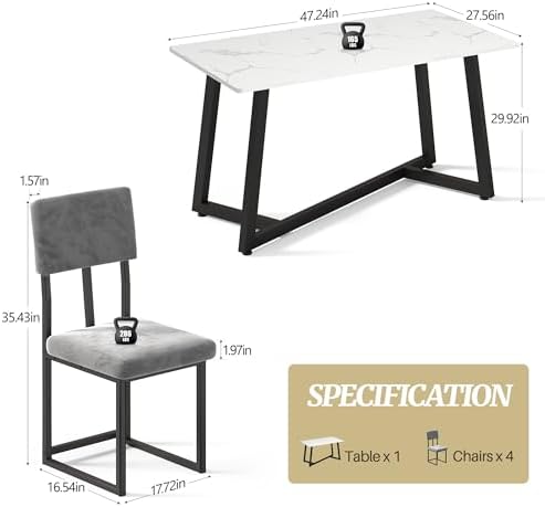 5-Piece Dining Table Set for 4, Modern Faux 47.24" Marble Kitchen Table ...