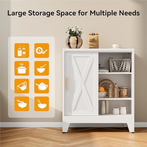 COFaR White 37" H Sliding Door Storage Cabinet, Half Open Half Closed De...
