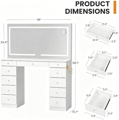 11 Drawers Glass Top Vanity Desk, Crystal Handles Makeup Vanity with Mirror a...