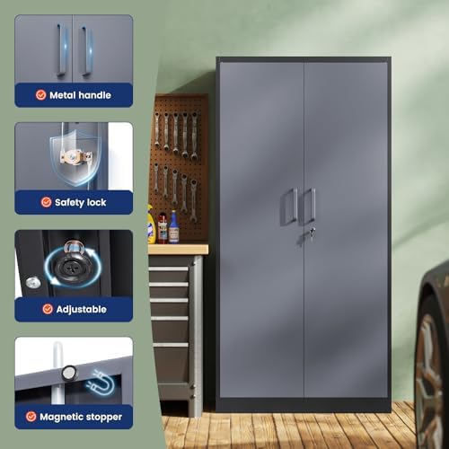Yizosh Metal Garage Storage Cabinet with 2 Doors and 5 Adjustable Shelves - 7...