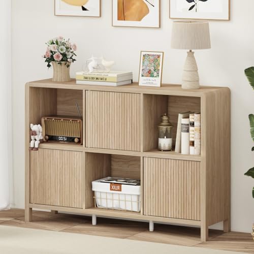 FATORRI 6 Cube Horizontal Bookshelf with 3 Doors, Modern Wood Book Shelf with...