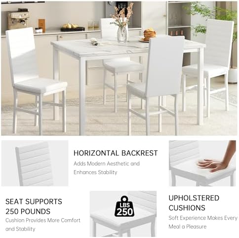 Hooseng Dining Table Set for 4, 5-Piece Faux Marble Dinner Table Set with 4 U...