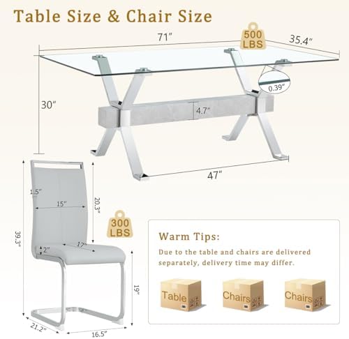 71" Glass Dining Table Set for 6|Modern Dining Table Set for 6 with Faux...