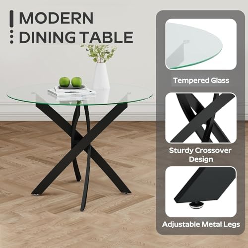 Clear Round Glass Dining Table Set for 4, 5 Piece Circle Kitchen Table Set, 3...