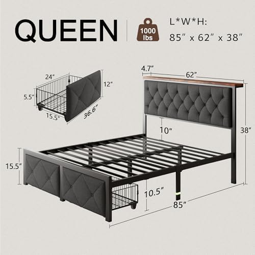 Einhomn Queen Bed Frame with 2 Storage Drawers, Metal Platform Bed with Charg...
