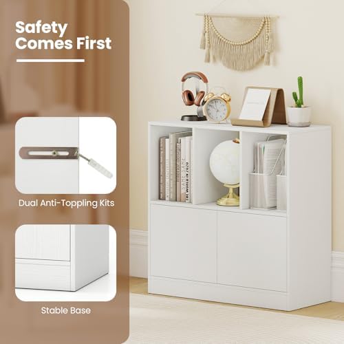 GIANTEX 3-Cube Bookcase with Doors, 3-Tier Cubic Bookshelf w/Open Compartment...