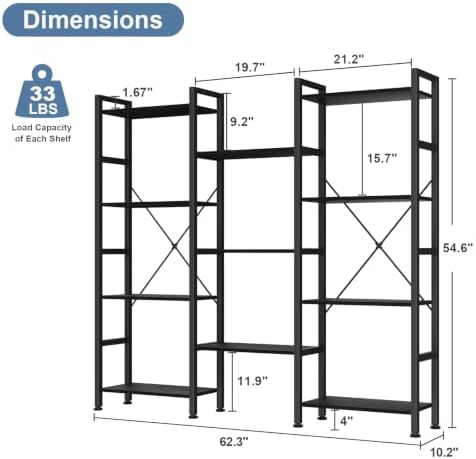 DUMOS Triple Column 4 Tier Bookshelf, Wide Industrial Bookcase, Black