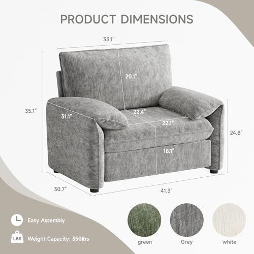 ONBRILL Oversized Accent Chair, 41 Inch Chenille Fabric Armchair, Grey