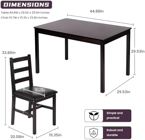 Kitchen Table Set 5 Piece Dining Table Set Sturdy Wooden Square Table and Cha...