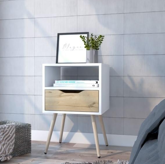 Nightstand, Superior Top, One Open Shelf, One Drawer, Four Legs,for Small Spaces