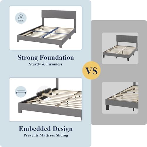 Allewie Queen Size Upholstered Bed Frame Adjustable Headboard, Light Grey