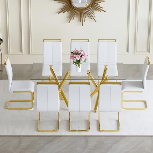 AZmac Modern Dining Table Set for 8 with Gold Metal Frame, 9-Piece Glass Dini...