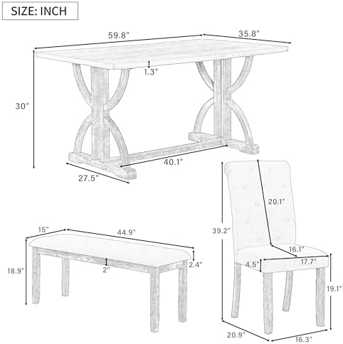 Merax 6-Piece Farmhouse Dining Table and Chair Set, 60'' Solid Wood R...