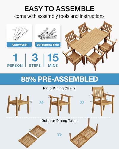 YEFU 7-Piece Patio Table Set, All-Weather HIPS, Metal Aluminum Frame, Teak
