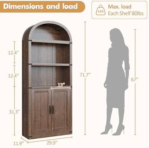 GarveeHome Bookcase with Doors Arched Bookshelf 71.65in Tall Bookcase Farmhou...