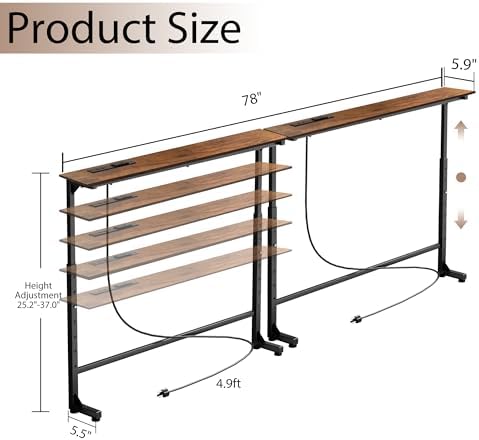 Keelian 78 inch Behind Couch Table with Outlets Sofa Table Rustic Brown | Adj...