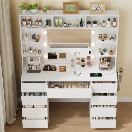 Vanity Desk with Mirror and Lights,43" Makeup Vanity Table with 9 Drawer...