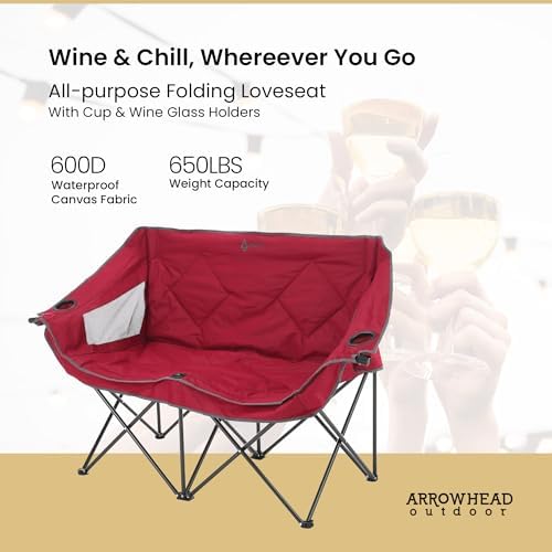 ARROWHEAD OUTDOOR Portable Folding Double Duo Camping Chair Loveseat w/ 2 Cup...