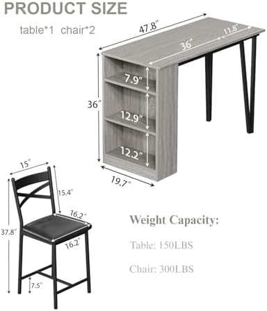 Garvee Extendable Bar Table and Chairs Set, 3 Piece Bar Table Set, Grey