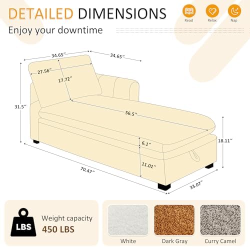 VANOMi Oversized 70.47'' Chaise Lounge Chair with Storage, Boucle Whi...