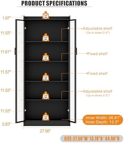 Dystler 5-Tier Display Cabinet with Glass Doors and Adjustable Shelves