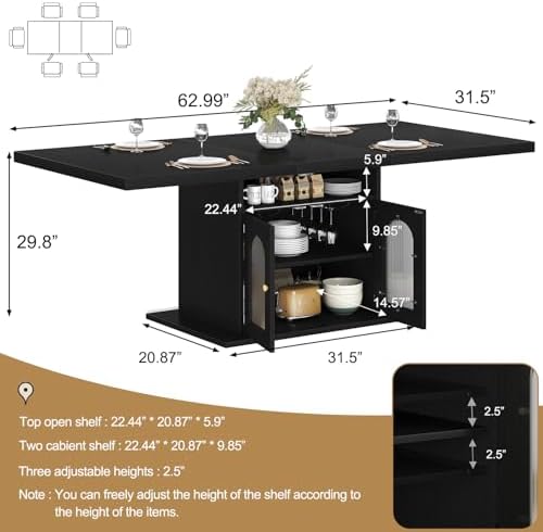 HSH 63" Modern Black Dining Table for 6, Dinner Table with Storage Cabinet