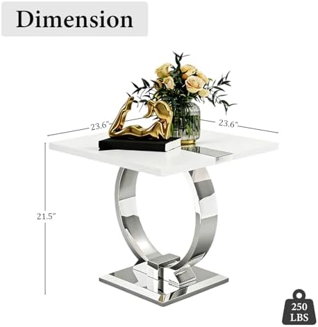 Asday 23.6" White and Silver End Table, Modern Side Table with Glossy Wo...