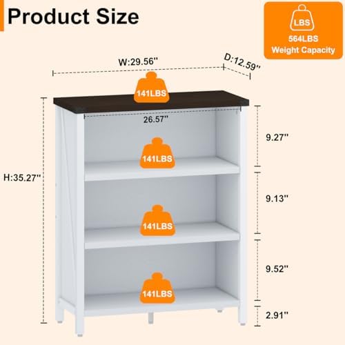BON AUGURE Farmhouse 3 Tier Bookshelf, Wood Bookcase, White Oak & Walnut
