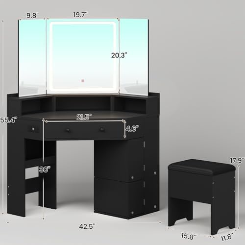 HAUOMS Corner Vanity Desk with Mirror Lights & Storage Bench, Black | Mak...