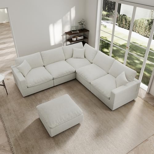 Modern Sectional Linen Couch for Living Room V-Shape Sofas,6 Seat Modular Clo...