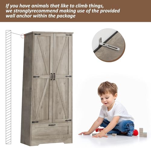 Vongrasig Kitchen Pantry Storage Cabinet with Barn Doors, Drawer and Adjustab...