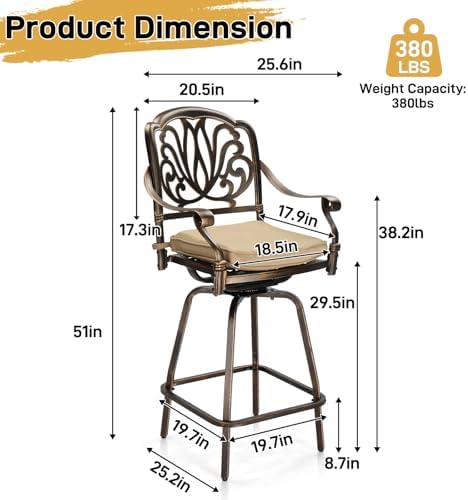 VINGLI Outdoor Swivel Bar Stools Set of 2, Cast Aluminum Patio Bar Height Cha...