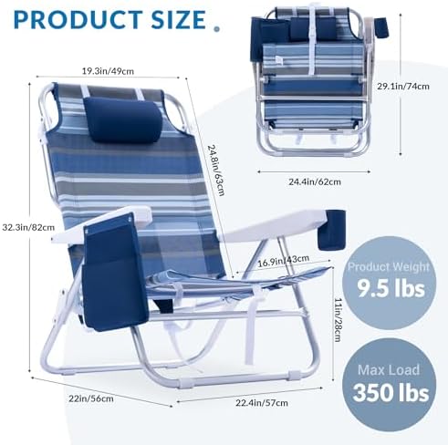 Beach Chair 2 Pack Aluminum 5 Positions Lay Flat Mesh Fabric Folding Beach Re...