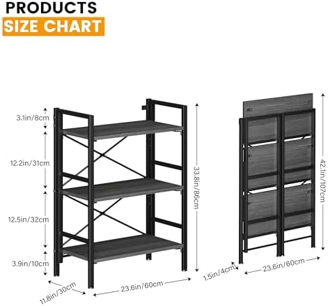 Homeiju Folding Bookshelf No Assembly, 3 Tier Bookcase Foldable Shelf with X-...