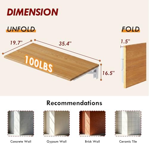 Need 36x20IN Wall Mounted Folding Table for Office Laundry Teak