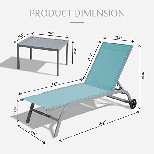 Domi Chaise Lounge Outdoor Set of 3 Lounge Chairs for Outside w/Wheels, 5 Adj...