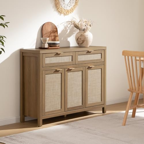 SICOTAS Rattan Sideboard Buffet Cabinet with Storage, Boho Credenza Accent