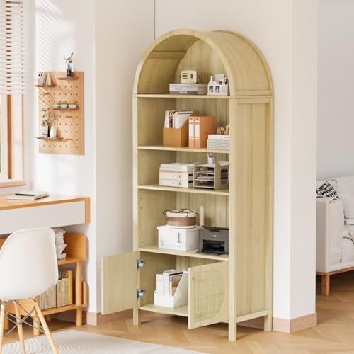 VINGLI 70" Arched Display Cabinet with 5 Shelves, Rattan Storage Cabinet...
