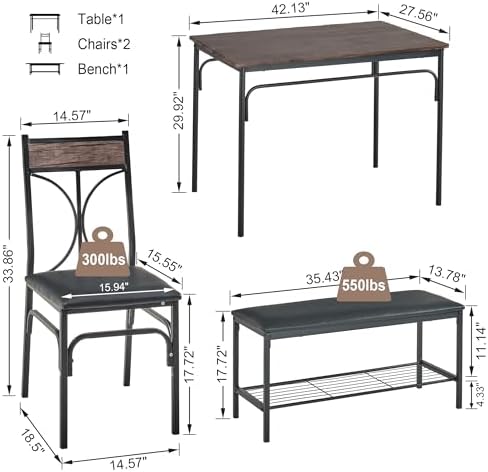 VECELO Kitchen Dining Table Set with Upholstered Bench & 2 Chairs | Space...