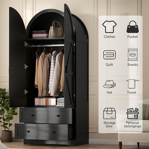 Gyfimoie Black Armoire Wardrobe Closet with 2 Drawers, 75" Wooden Wardro...