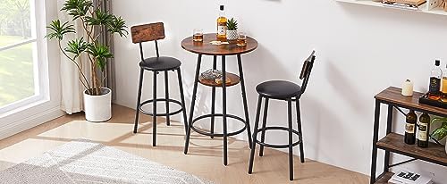 23.6" 3 Piece Round Bar Table and Chair Set with Shelf Rustic Brown | Ru...