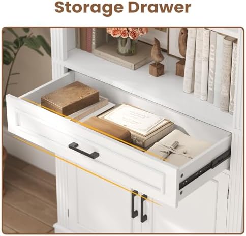 SEDETA Farmhouse Bookshelves and Bookcases with Doors, Drawer, White