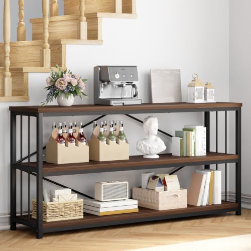 IBF Walnut Low Wide Bookcase, Vintage 63 Inch Long 3 Tier Open Book Shelf