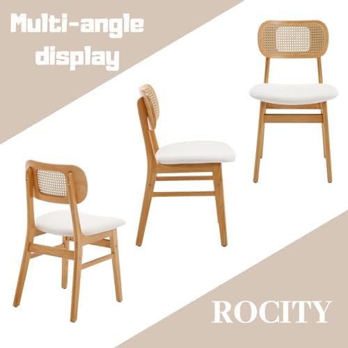 ROCITY Rattan Dining Chairs Set of 2 Beige Linen Fabric Dining Room Chairs Na...