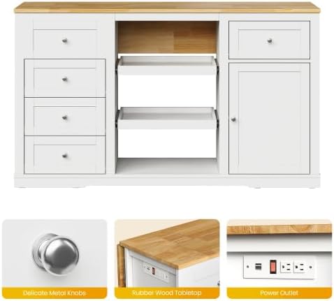 Kitchen Island with Charging Station Wood Kitchen Cart with Drawers Cabinet |...