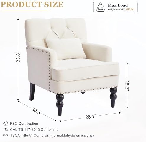 HUIMO Accent Chair, Tufted Upholstered Club Chair, Beige | Upholstered Fabric...
