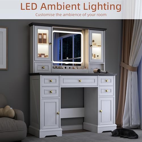 Vanity Desk with Mirror & Lights, Makeup Vanity with Power Outlet & U...