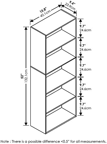 Furinno LUDER Book Shelf, 5-Tier Bookshelf, Bookcase with Open Shelves, 9.4 x...