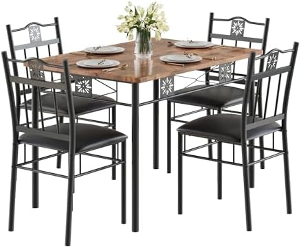 VECELO Dining Table Set for 4, 5-Piece Wood Kitchen Table with Upholstered Pa...