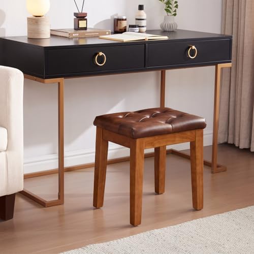 Ottoman Vanity Wooden Stool with Padded Seat, Faux Leather Brown | Square Woo...